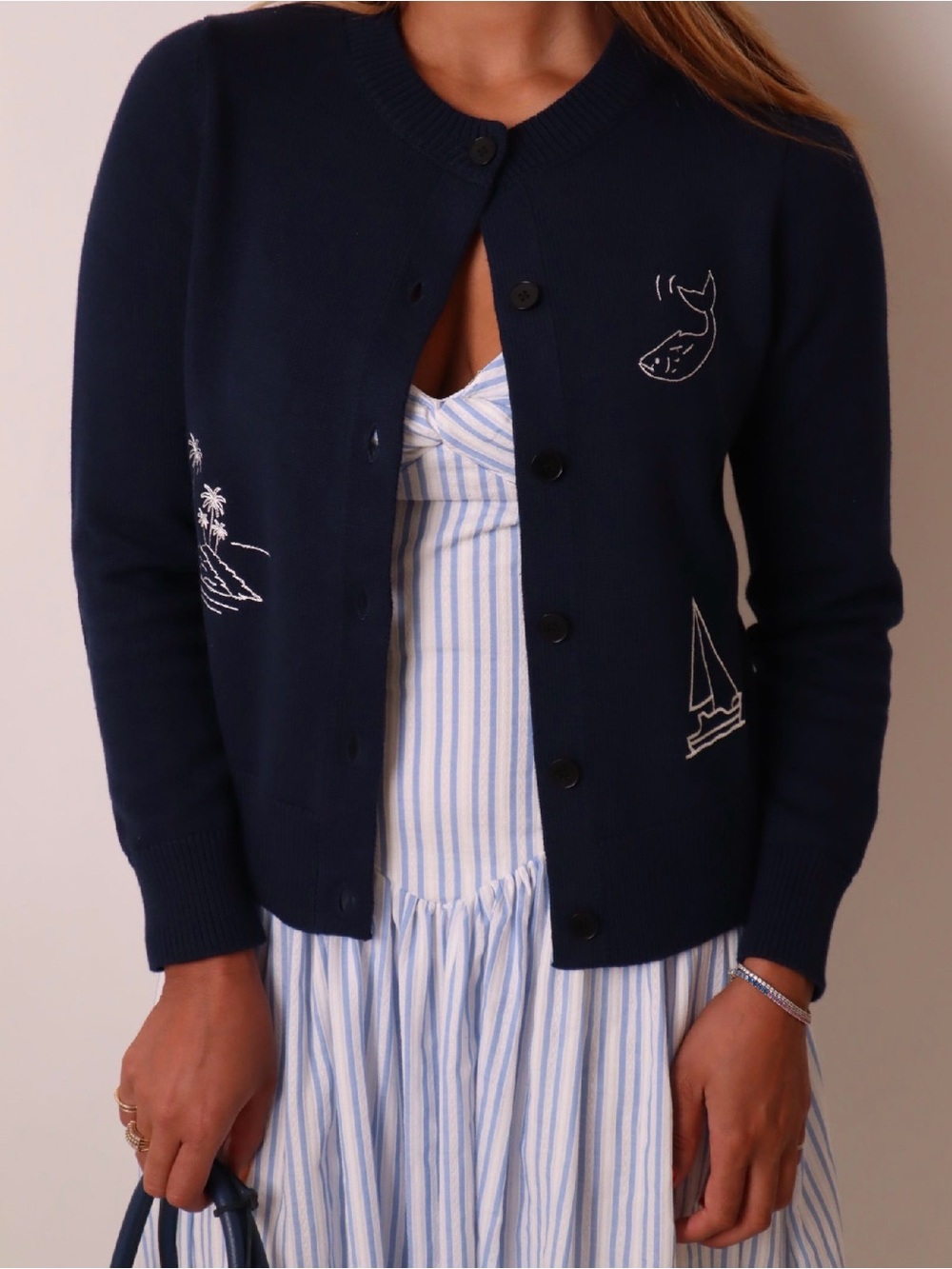 Navy Embroidered Crewneck Cardigan Sweater